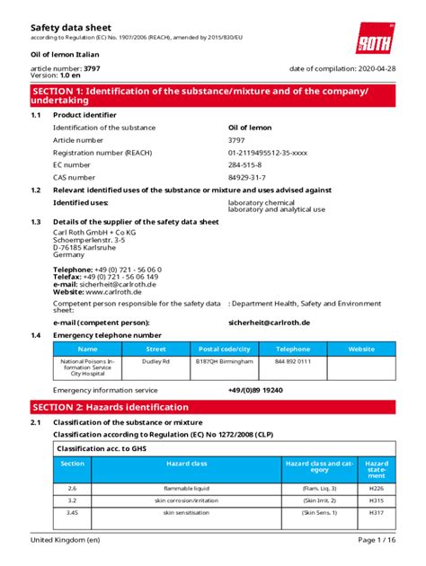 Fillable Online Safety Data Sheet: Oil of lemon Fax Email Print - pdfFiller