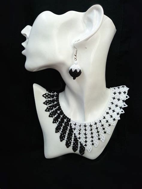 Black and white jewelry Beaded collar necklace Black and white earrings Beaded jewelry set ...