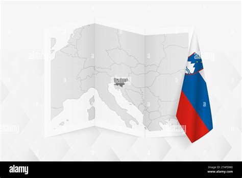 A grayscale map of Slovenia with a hanging Slovenian flag on one side. Vector map for many types ...