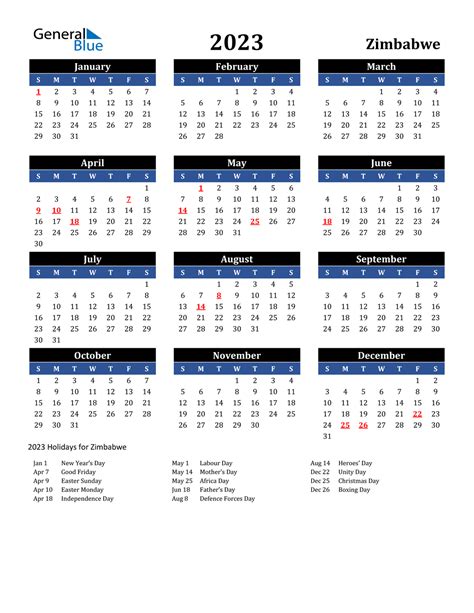 2023 Zimbabwe Calendar with Holidays