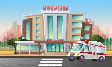 Vector cartoon style flat illustration of hospital building and emergency ambulance. Isolated on ...