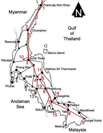 Train railway route, road map - southern Thailand