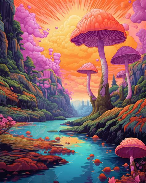 Premium AI Image | A painting of a forest with a colorful mushroom and ...