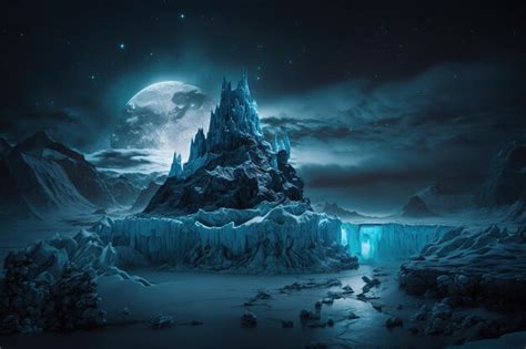 Premium AI Image | Epic glacial ice castle on a snowfield at night