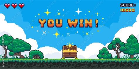 Pixel game win screen. Retro 8 bit video game interface with You Win text, computer game level ...