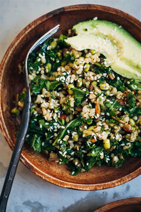 Healthy Brown Rice Salad w/ Kale + Sesame Seeds | Well and Full