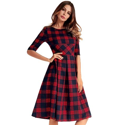 Women Vintage Plaid Check Dress V Back Knee Length Casual Party Dresses Green/Red 1950s 60s ...