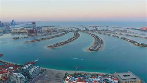 Aerial view of The Palm Jumeirah Island, Dubai Downtown skyline, United ...