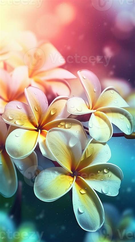 AI generated Close-up plumeria flowers with drops of water background. Floral wallpaper. Ai ...