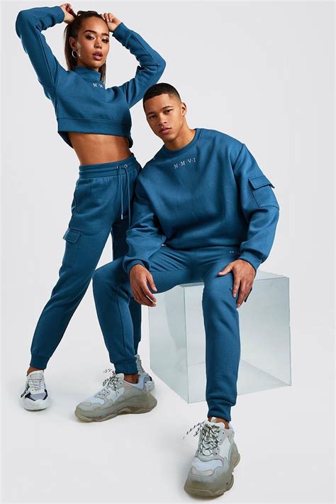 Men's Hers Crop Sweat & Cargo Jogger Set boohoo Matching couple