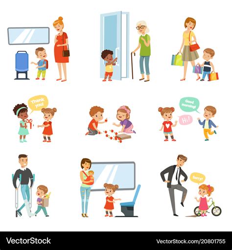 Kids good manners set polite children helping Vector Image