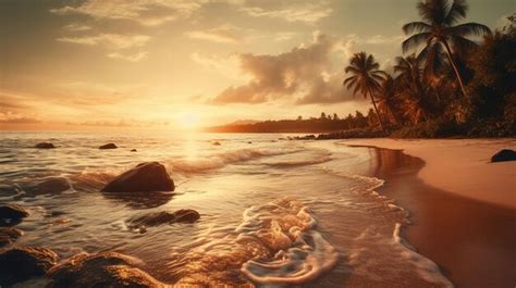 Premium AI Image | A beach with palm trees and a sunset in the background