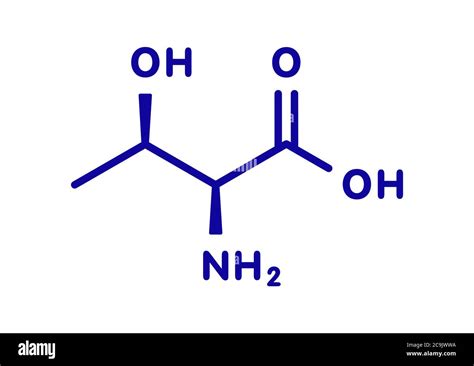 Threonine (l-threonine, Thr, T) amino acid molecule. Blue skeletal formula on white background ...