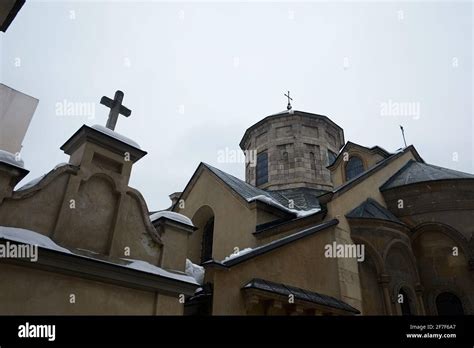 Armenian apostolic church exterior with christian cross on the tower in ...