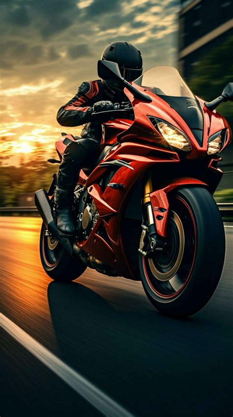 Red motorcycle, biker in focus, speeds along highway, background a ...