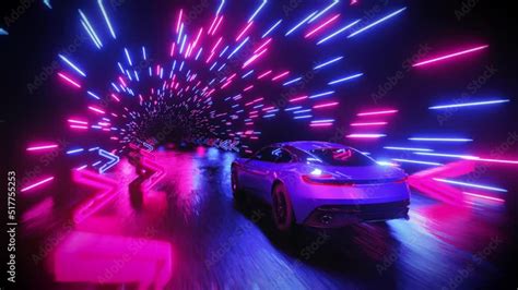 A sports car rushes through a neon tunnel with direction signs. Infinitely looped animation. 素材庫 ...