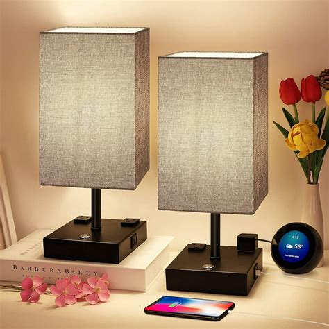 Bedside Lamp, 3 Way Dimmable Touch Control Table Lamp with 2 USB Charging Ports 2 AC Outlet ...