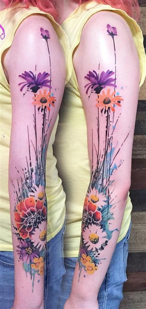 Geometric Tattoo - Watercolor flower sleeve tattoo - Flower tattoos could have different ...