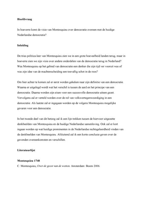 Inleiding Essay ERG - Hoofdvraag In hoeverre komt de visie van Montesquieu over democratie ...