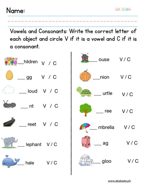 English - Class 1: Vowels and Consonants Worksheet 1 (Answer ...