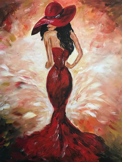 The Lady In Red Acrylic Handmade Painting On Stretched | Etsy