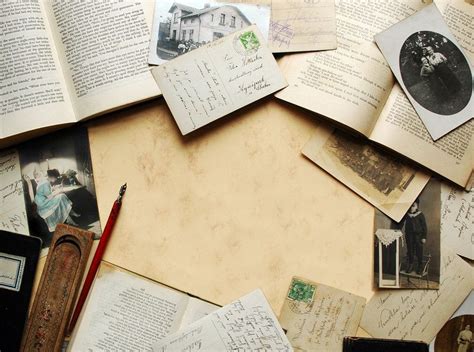 Desk, letters, old photos, papers, books, postcards wallpaper ...