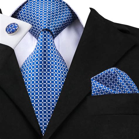 High Quality Silk Ties Set For Men Tie Designers Fashion Blue Plaid Tie and Pocket Square ...