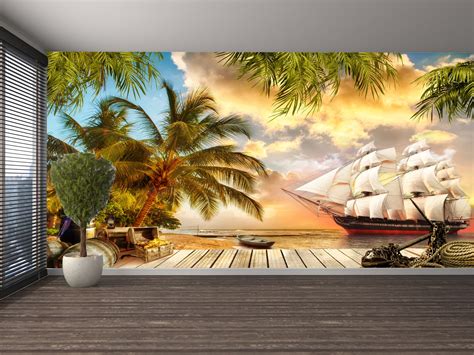 Wallpaper Pirate Ship Sea and Sunset Wall Art Wall Mural | Etsy