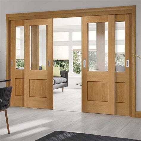 Pass-Easi Four Sliding Doors and Frame Kit - Piacenza Oak 1 Panel Flush Door - Groove Design ...