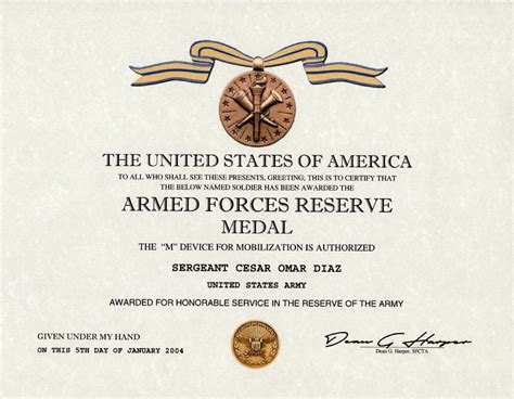 Armed Forces Reserve Medal certificate