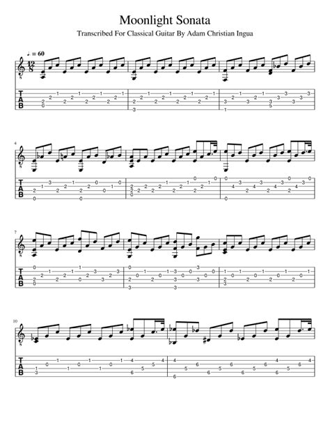 Moonlight Sonata easy tabs for Guitar (arr. Adam Christian Ingua) by Ludwig Von Beethoven Sheet ...