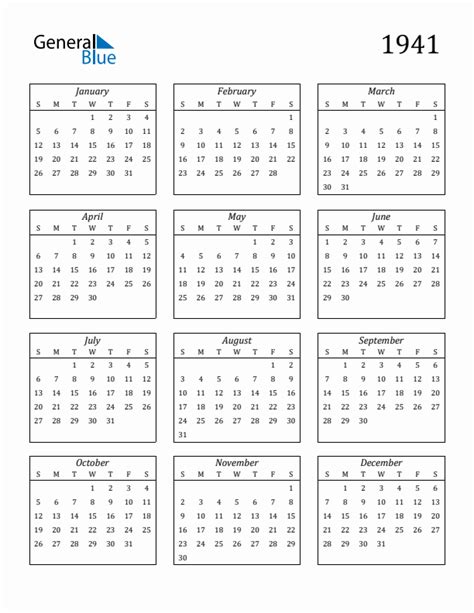 Free 1941 Calendars in PDF, Word, Excel