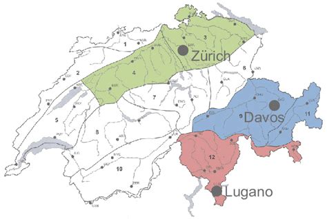 Swiss climate zones (numbered 1-12) according to [7] and extent of the ...