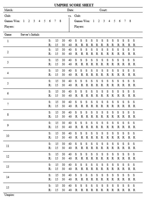 Printable Tennis Score Sheet - Printable Word Searches