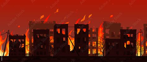 Burning city ruins in fire, destroyed town houses, war or natural disaster background Stock ...