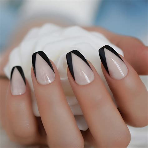 Black V Cut Nude French Press on Nails Coffin Nails Black and Nude V Shape Fake Nails Classic ...
