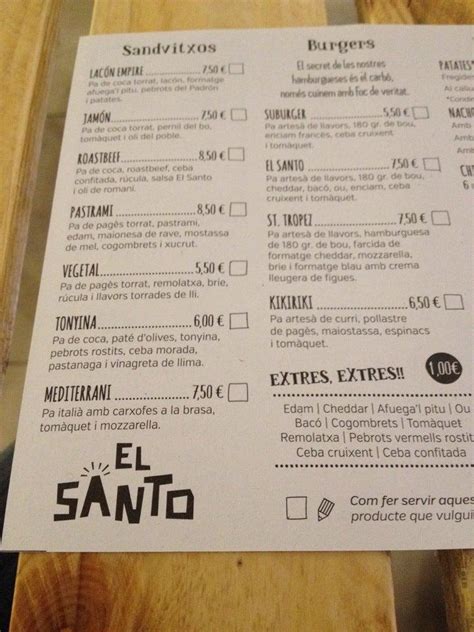 Menu at El Santo pub & bar, Sitges