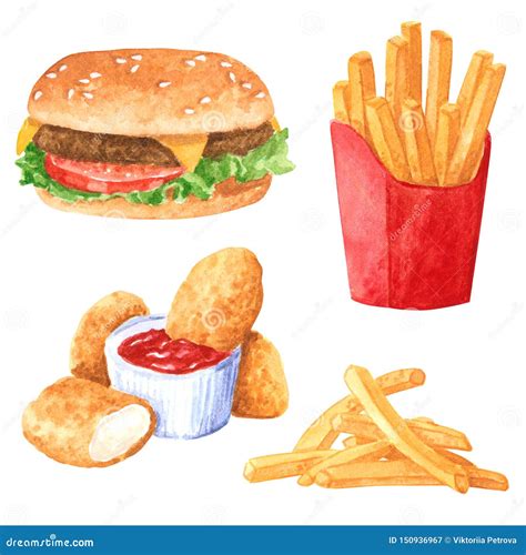 Fastfood Clipart Set, French Fries, Hamburger, Chicken Nuggets Stock ...