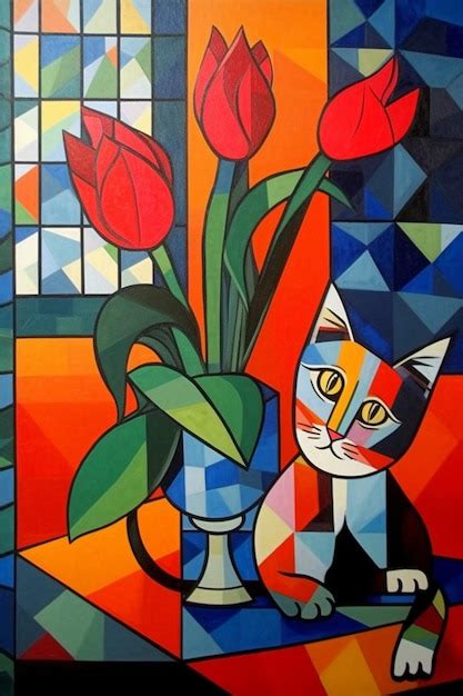 Premium AI Image | A painting of a cat and a vase of flowers.