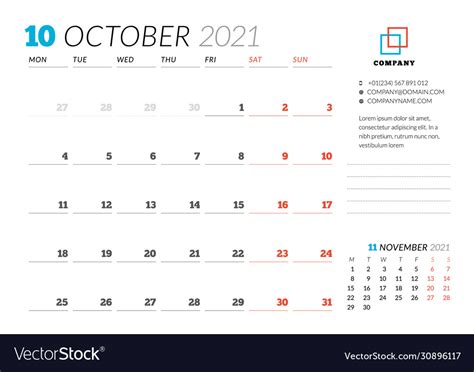 Corporate design planner template for october Vector Image