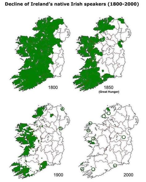 The decline of the Irish language (Green on the map being regions that ...