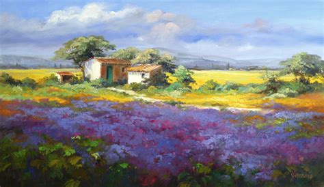 an oil painting of a house in the middle of a field full of purple flowers