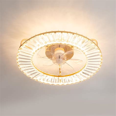 22" Enclosed Ceiling Fans with Crystal Lights Remote Control, Low Profile Flush Mount Gold ...