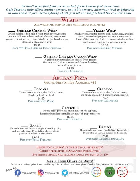 Ventosa Vineyards menu in Geneva, New York, USA