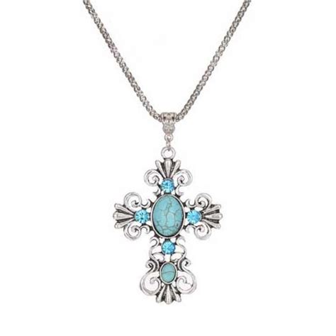 Turquoise Silver Cross Necklace for Women