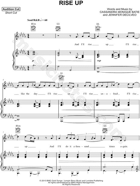 Andra Day "Rise Up" Sheet Music in C Major (transposable) - Download & Print - SKU: MN0178755