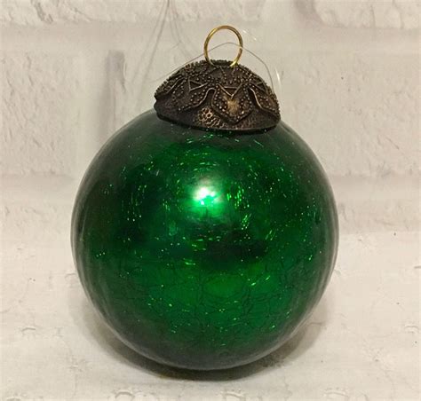 Vintage Kugel Christmas Tree Ornament Green Crackle Glass 3" #Kugel