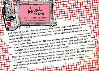 an old advertisement for heinz's tasty - tee sauce on a red and white checkered tablecloth