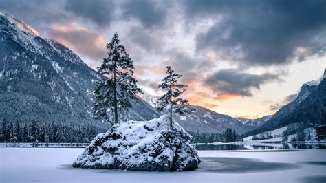 Snow Covered Island Lake Mountain In Alps Bavaria Germany 4K HD Nature ...