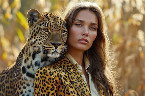 Premium AI Image | minimalism a woman in a leopard print suit stands next to a leopard